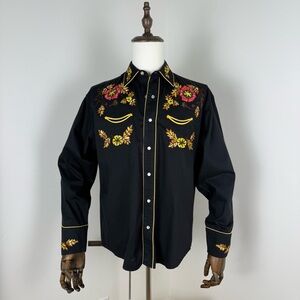 Vintage Tru-West Rockmount Black Shirt w/Fall Motif Embroidery Sz M